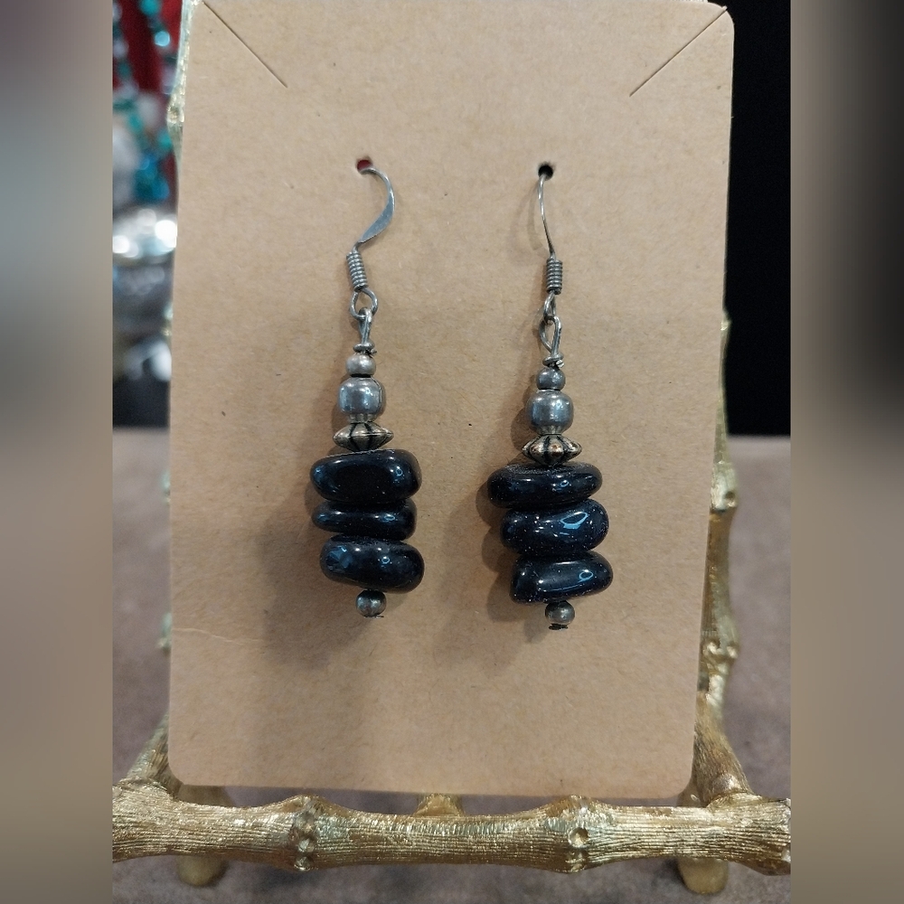 Black stone dangle earrings silver tone beads